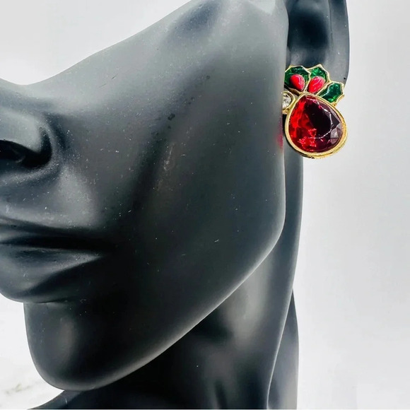 Vintage Avon 80’s Earrings Signed Christmas Holiday Red Jewel Holly Enam… - Picture 3 of 9